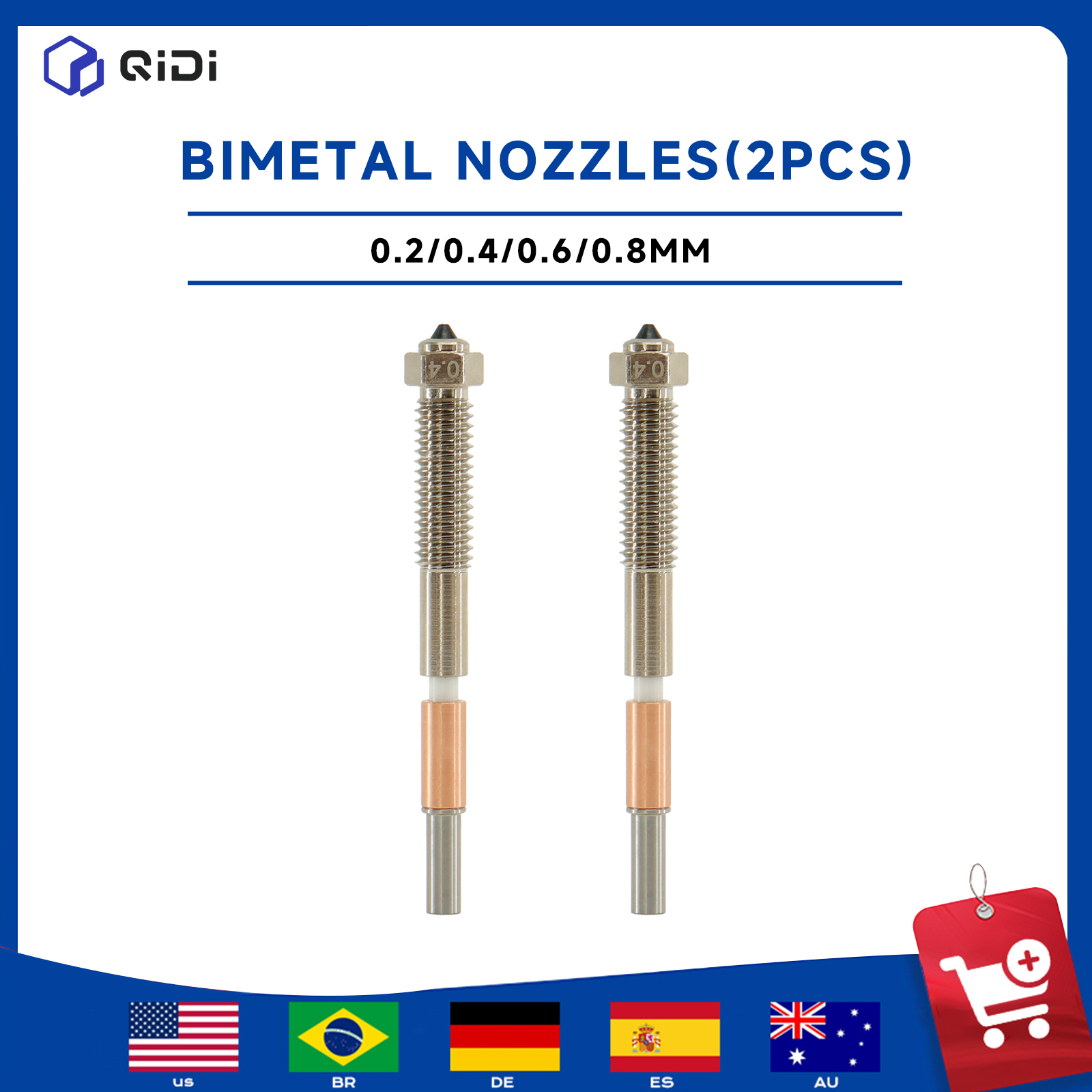3D Printing Nozzle - Kit de 2 buses bimétalliques QIDI